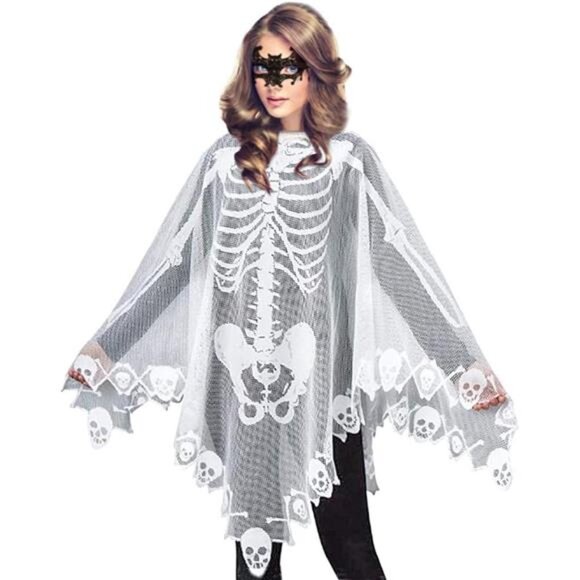 Women's Skeleton Cape Poncho Costume with Masquerade Mask for Halloween - Picture 1 of 7